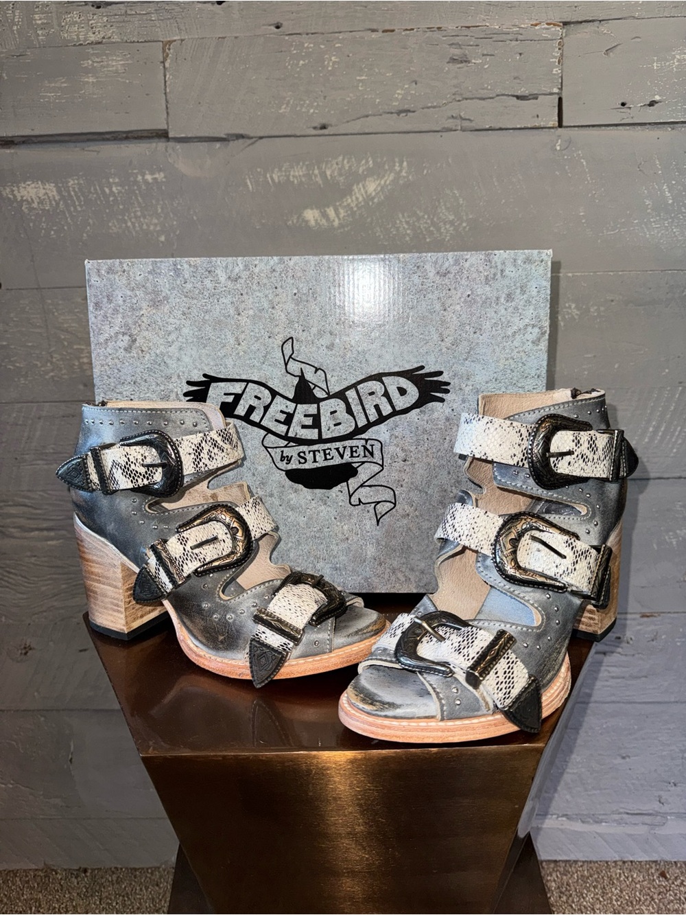 Freebird Violet Leather Buckle Sandals with Snake-Print Straps